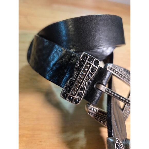 Landes Italian Black leather rhinestone belt silver buckle 39" Made In Canada - Picture 3 of 8